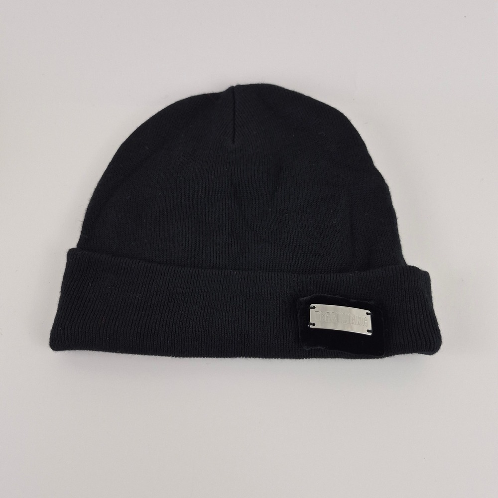 Team Wang Design Black Knit Beanie Metal Logo Plaque Wool Blend Streetwear Hat